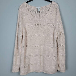 Chicos Womens Alpaca Open Knit Pullover Sweater XL Pink Feminine Beachy Metallic